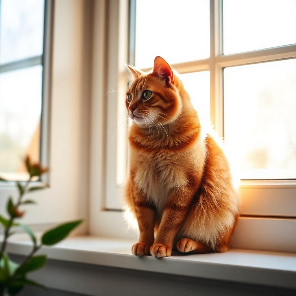Ginger cat on a sunny windowsill