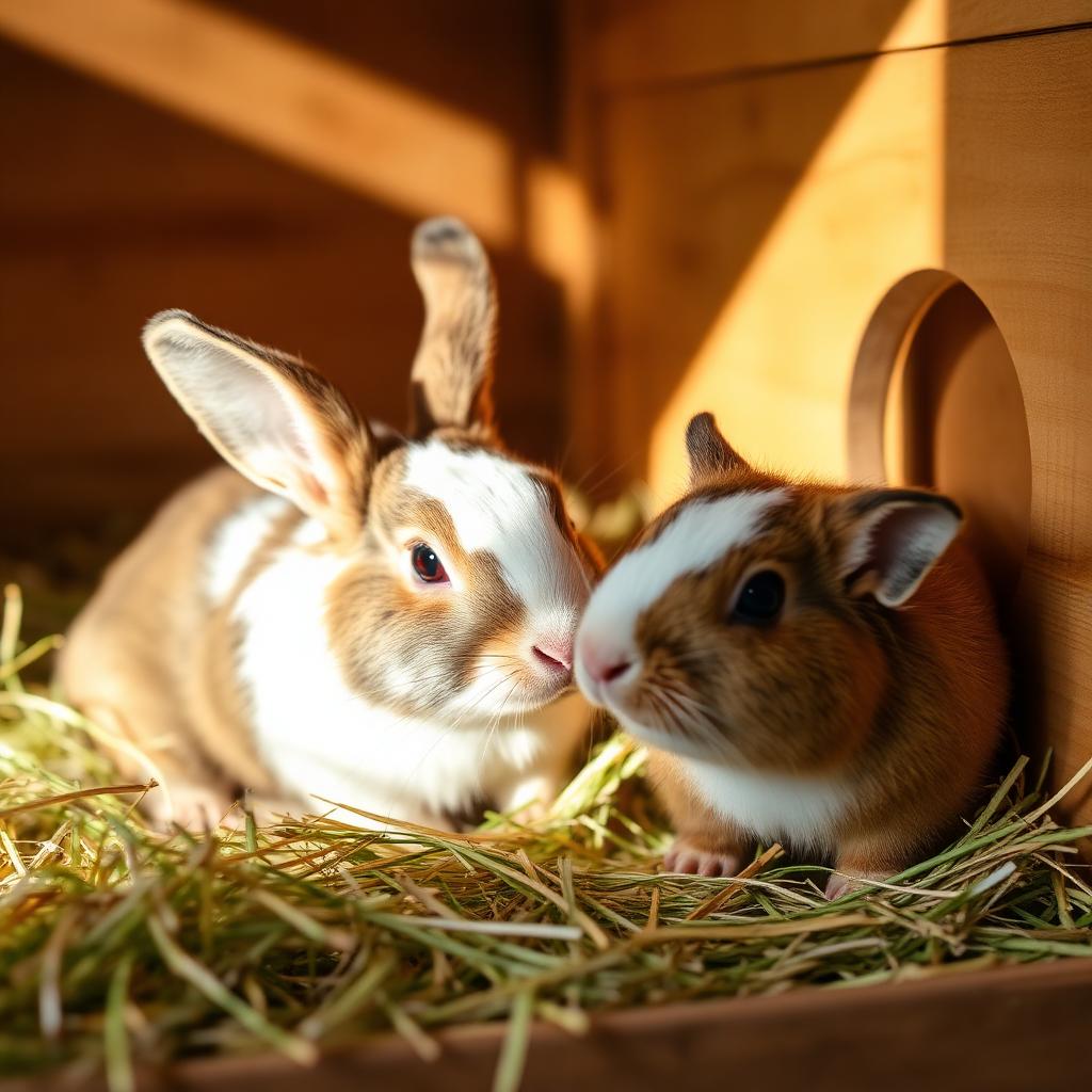 Rabbit and guinea pig in a hutch